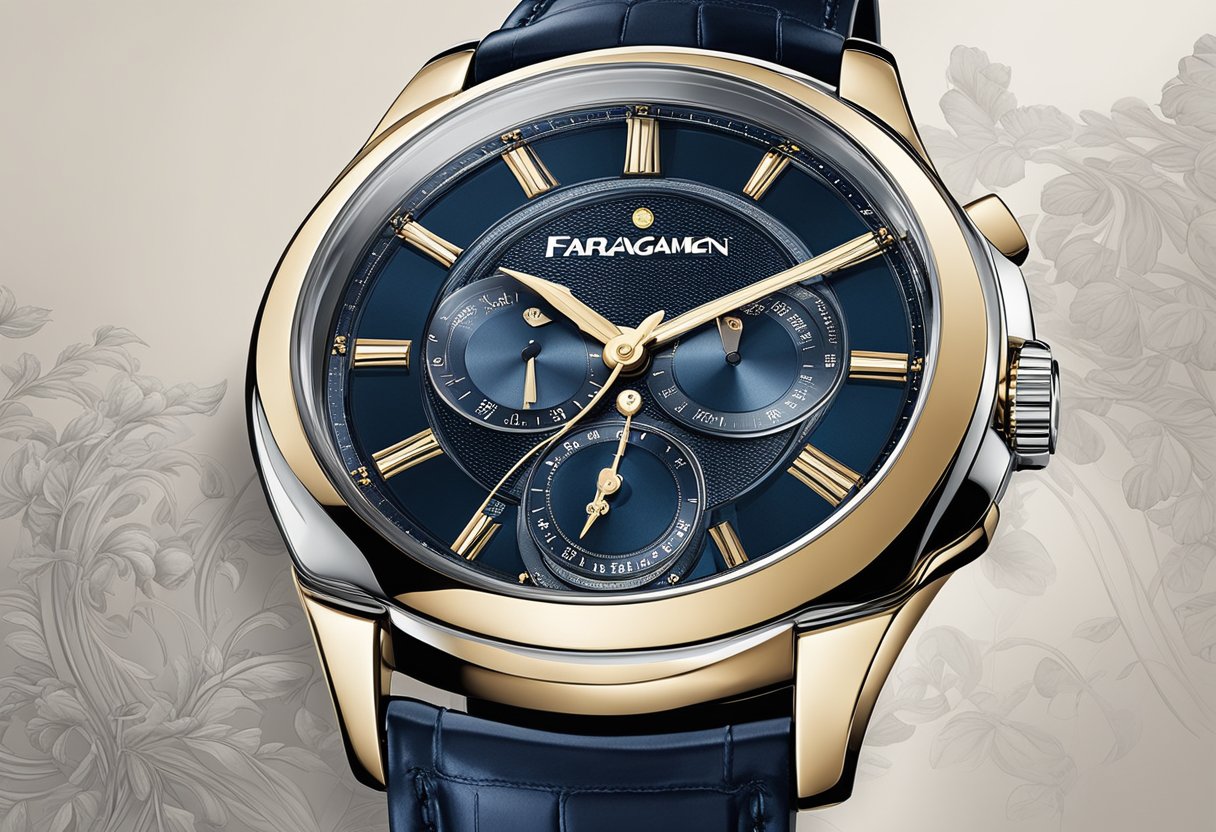 A luxurious Ferragamo watch sits on a velvet display, exuding elegance and craftsmanship. Its sleek design and brand reputation suggest enduring value