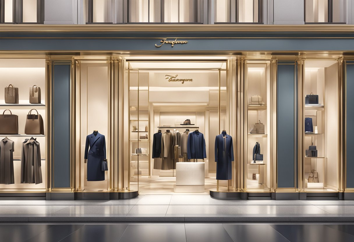 A luxurious Ferragamo store with elegant displays and sophisticated branding