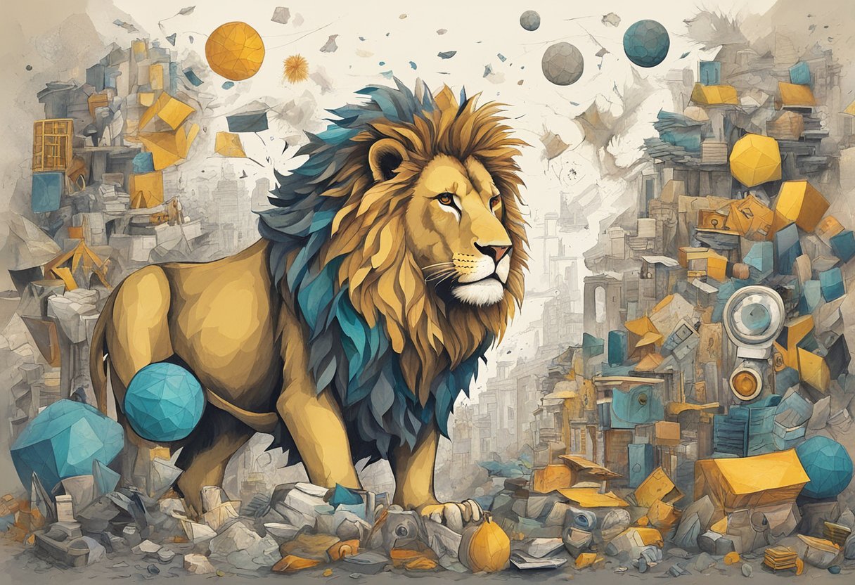 A lion with a wild, unruly mane, surrounded by scattered objects and a chaotic environment, symbolizing the complexity and challenges of ADHD