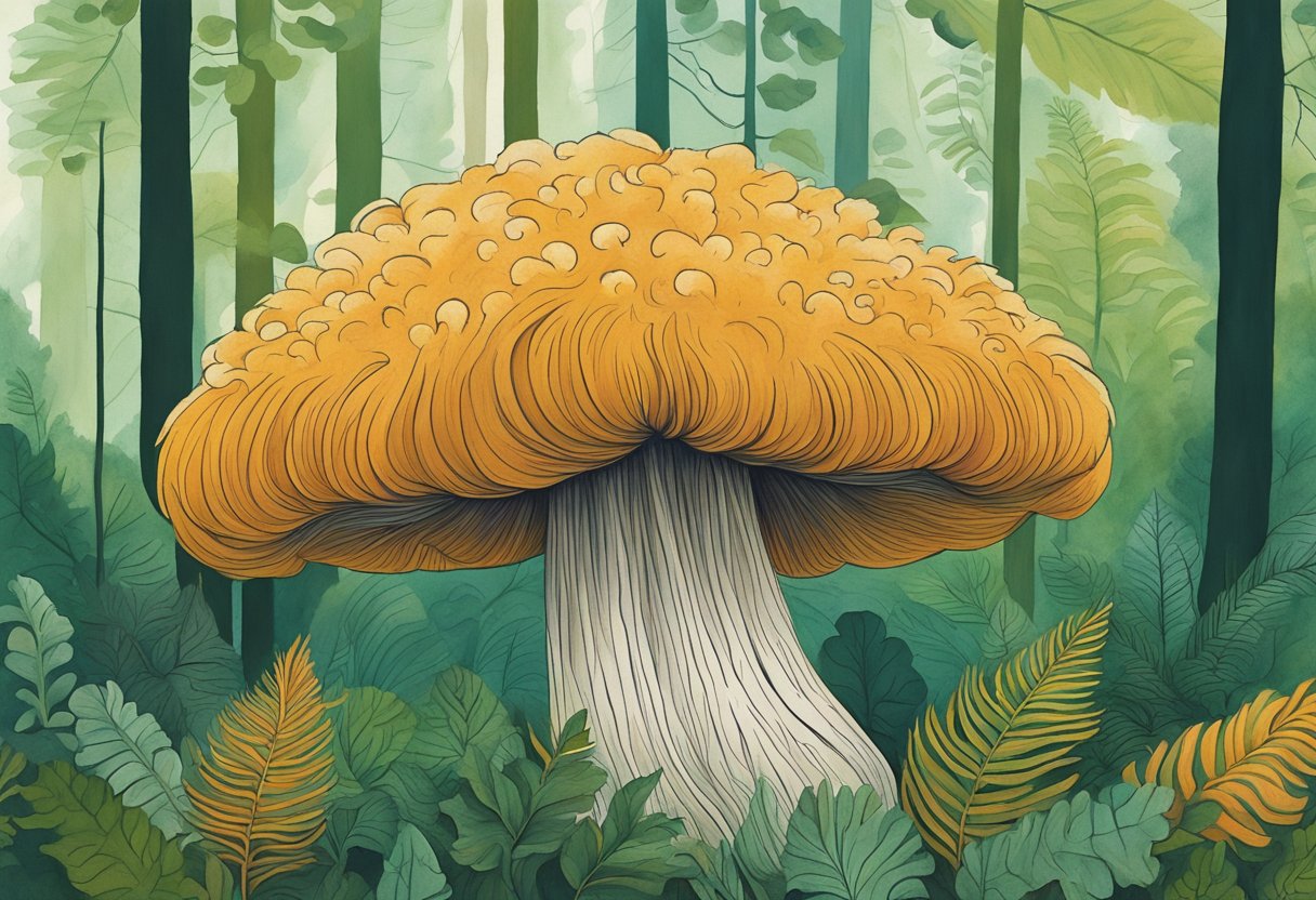 A majestic lion's mane mushroom grows in a lush forest, its long, flowing tendrils cascading down like a mane. The vibrant fungi stands out against the green foliage, exuding an aura of natural beauty and vitality