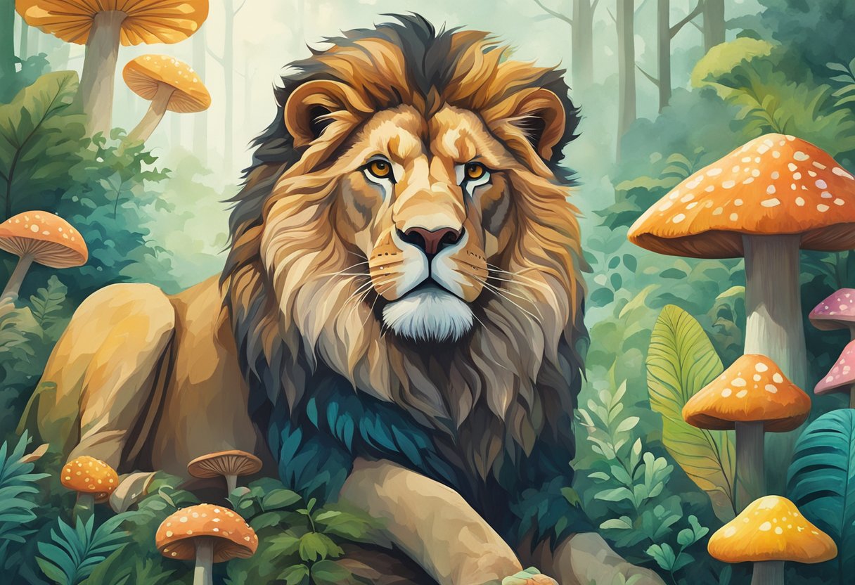 A lion with a focused gaze, surrounded by vibrant mushrooms and lush greenery, exuding a sense of calm and clarity