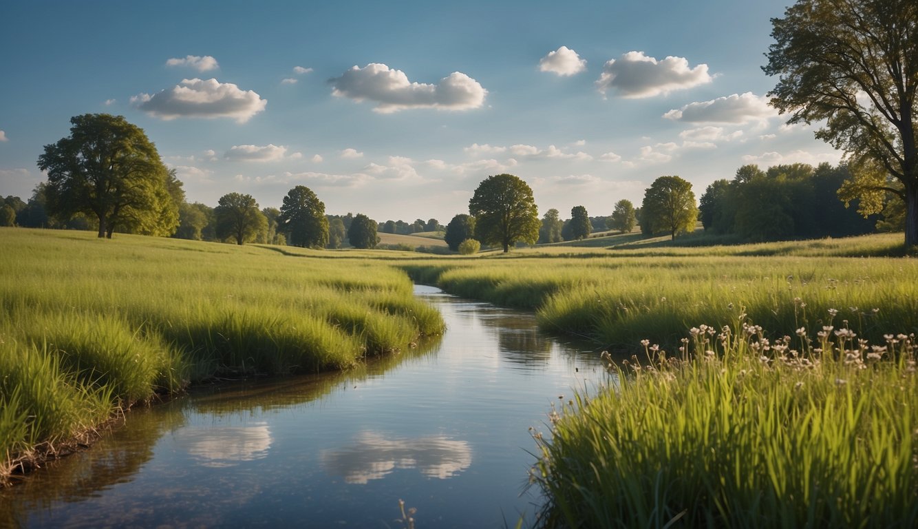 A serene landscape with a vibrant green field, a clear blue sky, and a peaceful stream, evoking a sense of calm and well-being
