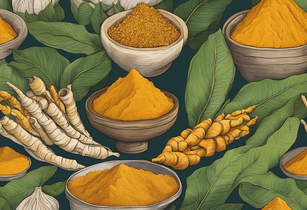 A vibrant pile of turmeric roots, powder, and leaves arranged in a natural, sunlit setting. The scene exudes health and wellness, with a sense of warmth and vitality