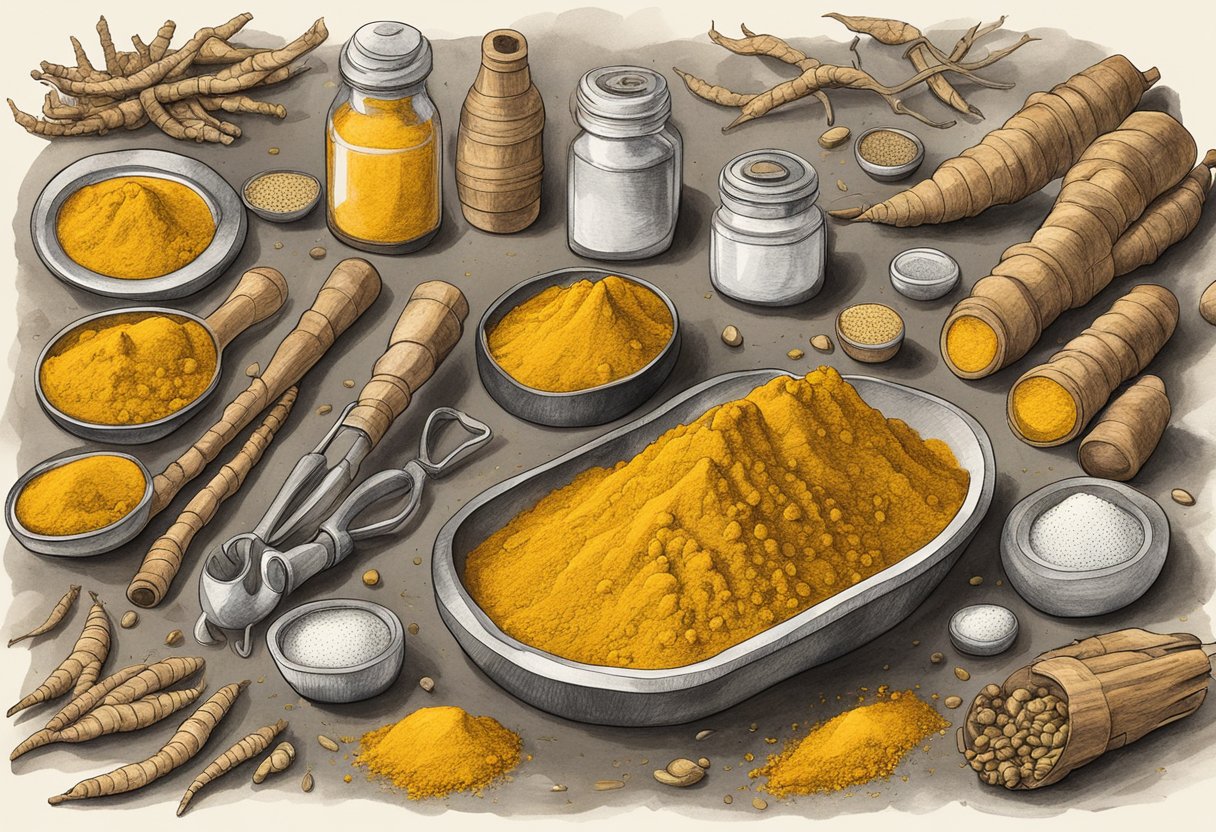 A vibrant pile of turmeric roots and powder surrounded by traditional and modern medical tools and equipment