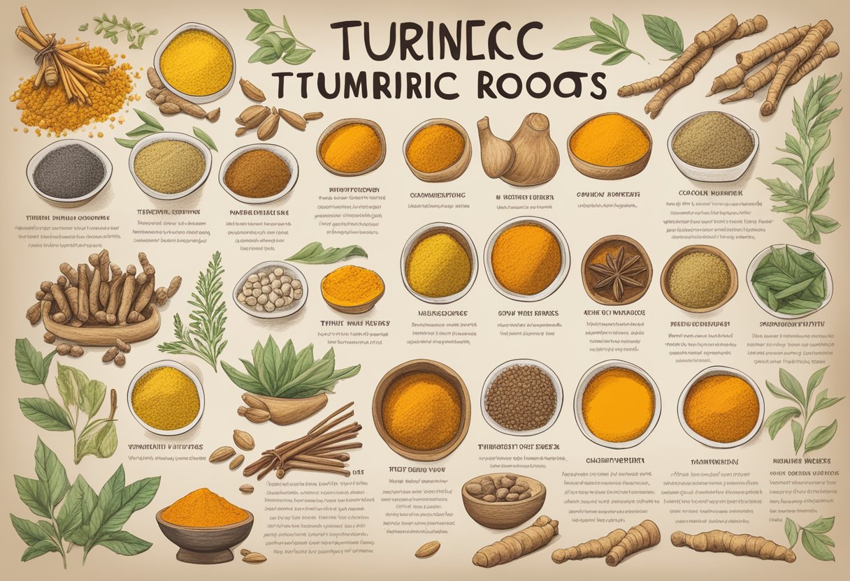 A colorful array of turmeric roots, powder, and dishes, surrounded by various spices and herbs, with a list of 20 benefits displayed prominently