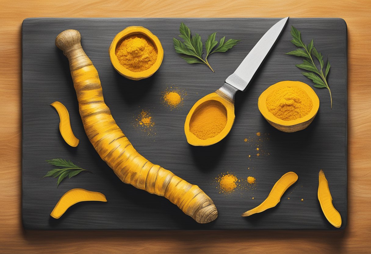 A turmeric root sits on a cutting board, with a knife slicing through it, releasing a vibrant yellow color