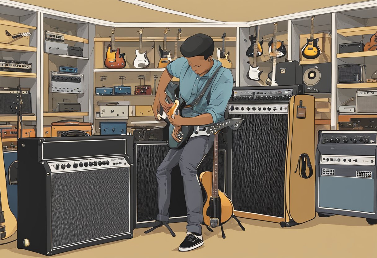 A person choosing an electric guitar and amplifier, surrounded by various options and price tags