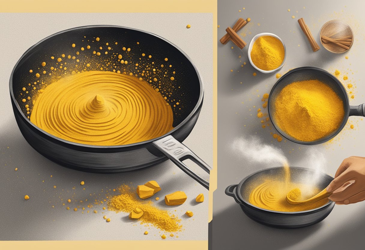 Turmeric powder being sprinkled into a sizzling pan, releasing a vibrant yellow color and aromatic fragrance