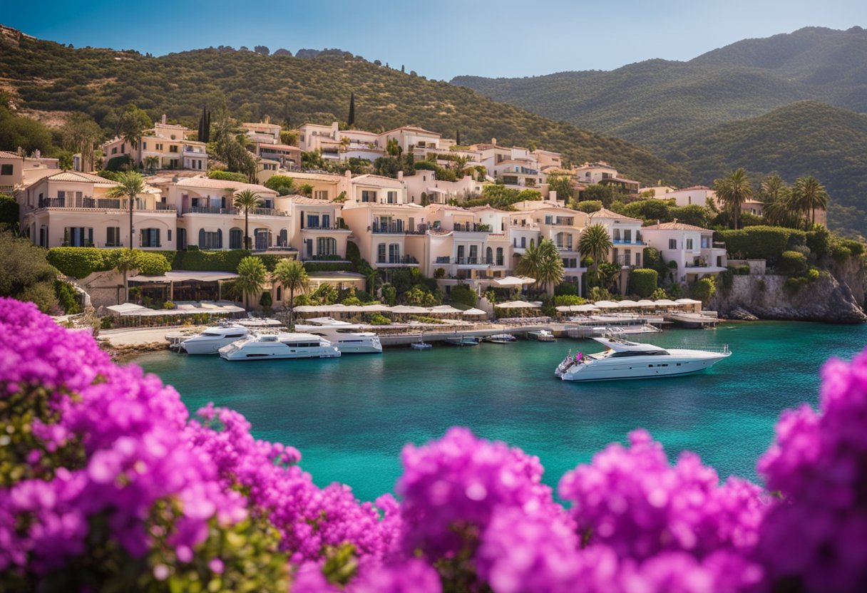 The sun-drenched coastline, dotted with elegant villas and palm trees, overlooks the sparkling azure waters of the Mediterranean Sea. Bougainvillea and jasmine perfume the air, while yachts glide along the horizon