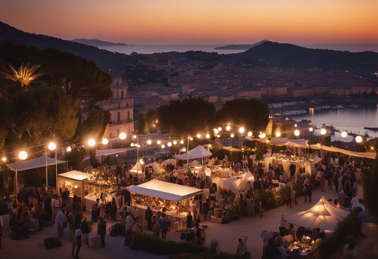 The French Riviera: Unveiling Its Legacy of Elegance and Creative Brilliance - The sun sets over a glamorous outdoor festival on the French Riviera, with art displays, live music, and elegant attendees mingling in a luxurious setting
