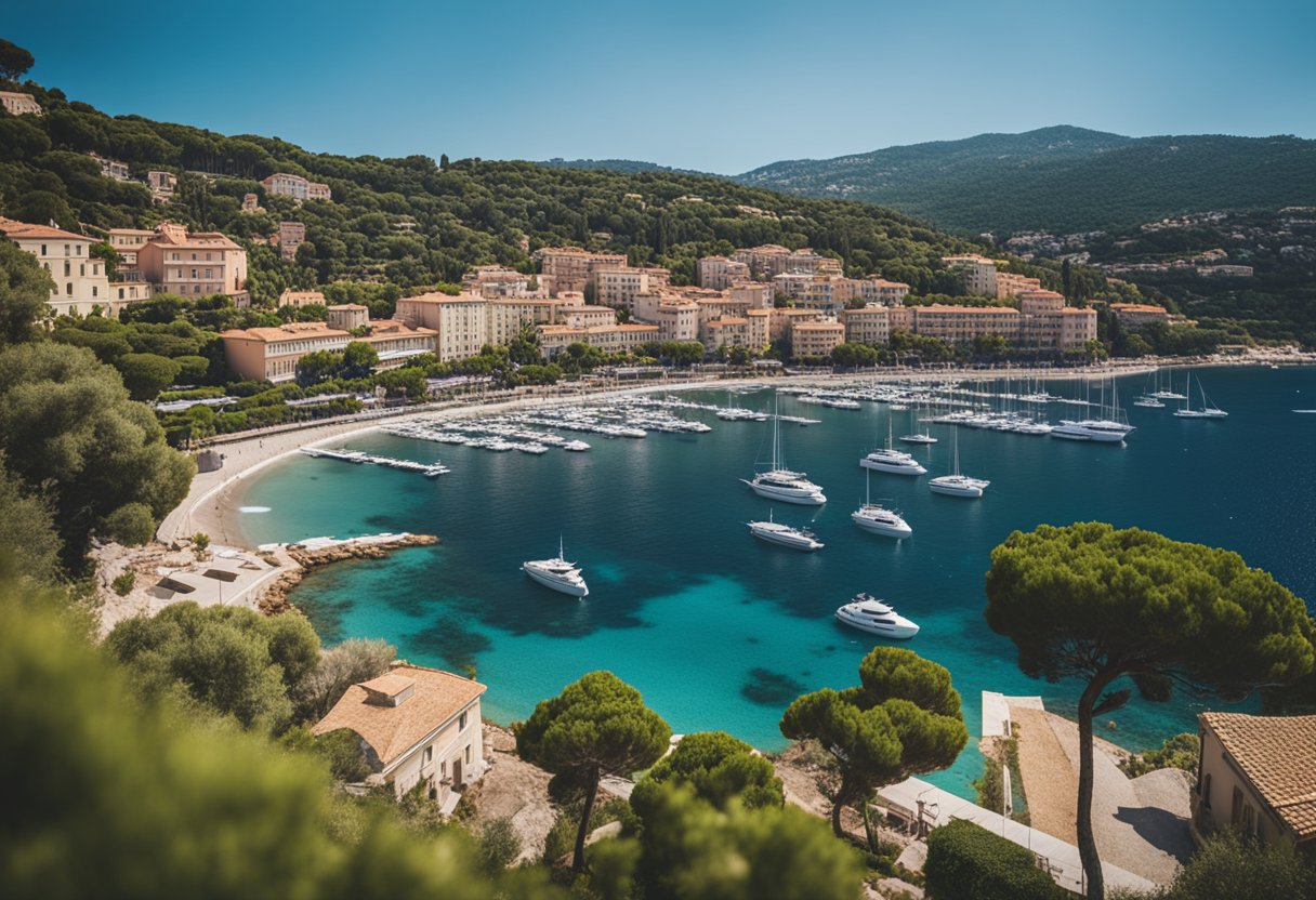 The French Riviera: Unveiling Its Legacy of Elegance and Creative Brilliance - The sun-drenched coastline of the French Riviera, with luxurious villas nestled among lush greenery and overlooking the sparkling blue Mediterranean Sea