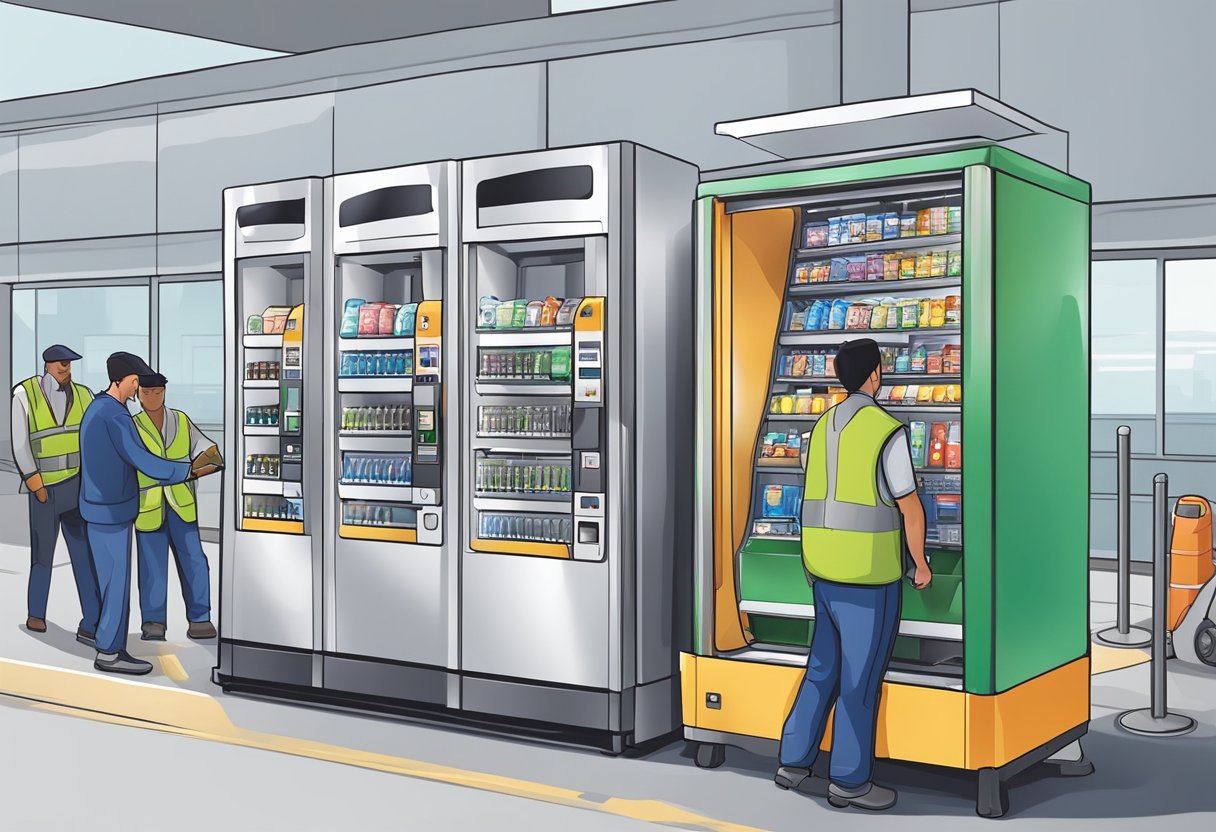 A vending machine is being placed in an airport, with workers positioning it near a high-traffic area. The machine is being secured to the floor to ensure stability
