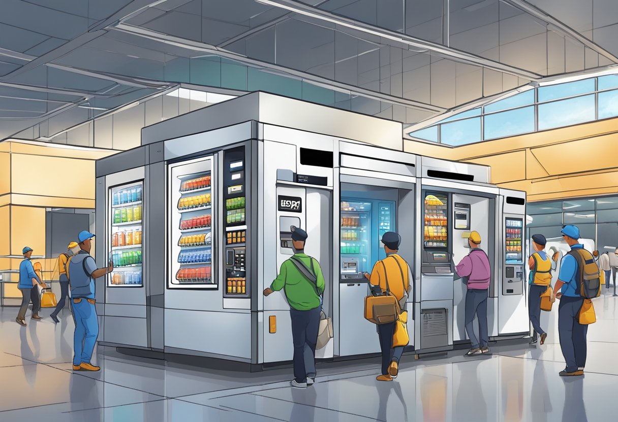 A vending machine is being installed in a bustling airport. Workers maneuver the machine into place, adjusting its position and connecting it to the power supply. Passengers walk by, glancing at the new addition to the terminal