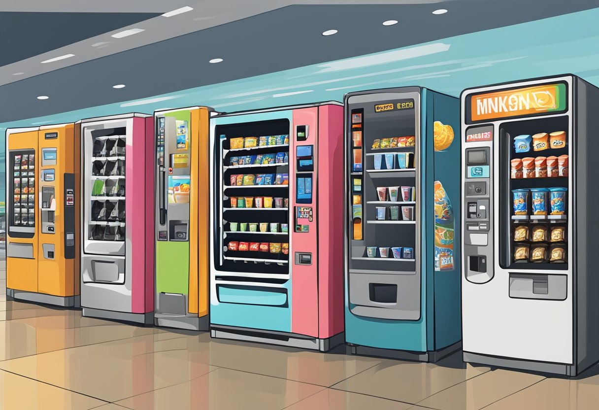 A row of vending machines in an airport, with various types such as snacks, drinks, and convenience items. The machines are placed strategically in high-traffic areas for easy access