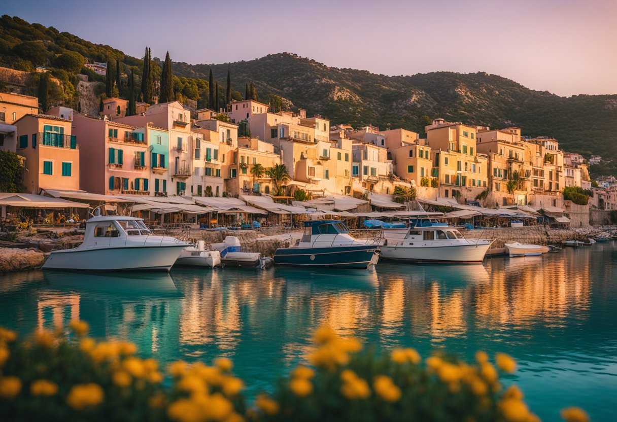 The French Riviera: Unveiling Its Legacy of Elegance and Creative Brilliance - The sun sets over the azure sea, casting a warm glow on the pastel-colored buildings nestled along the coastline. Lush greenery and vibrant flowers adorn the landscape, creating a picturesque scene of natural beauty in the Mediterranean climate