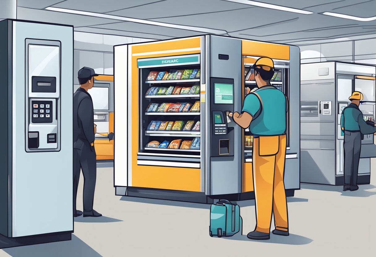 A vending machine is being installed in an airport. A technician is securing the machine to the floor while another person is setting up the payment system. The scene is busy and focused on ensuring both security and convenience for travelers