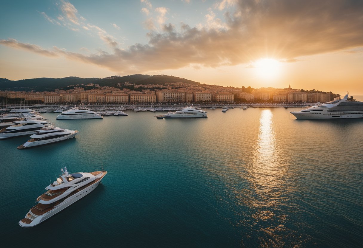 The French Riviera: Unveiling Its Legacy of Elegance and Creative Brilliance - The sun sets over the azure sea, casting a golden glow on the palm-lined promenade of the French Riviera. Yachts bob in the harbor, and elegant villas dot the coastline, exuding an air of luxury and sophistication