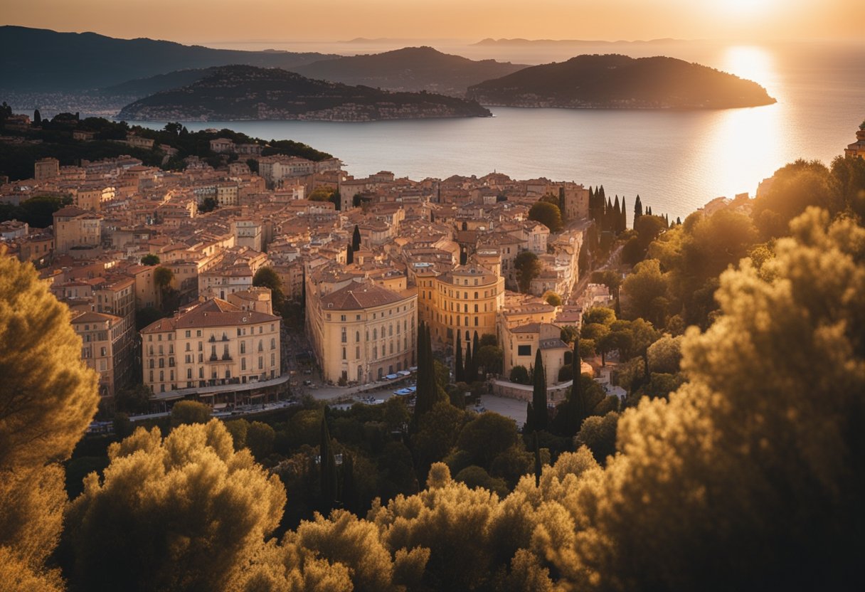 The French Riviera: Unveiling Its Legacy of Elegance and Creative Brilliance - The sun sets over the sparkling Mediterranean sea, casting a golden glow on the iconic architecture and lush landscapes of the French Riviera
