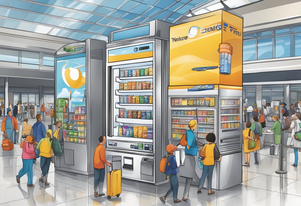 A vending machine is being placed in a bustling airport terminal, surrounded by travelers and busy airport staff. Signs and promotional materials are being set up to attract attention