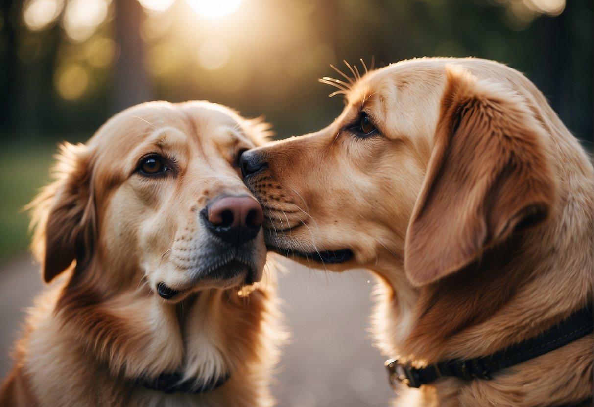 A dog licking another dog's face, showing affection and bonding