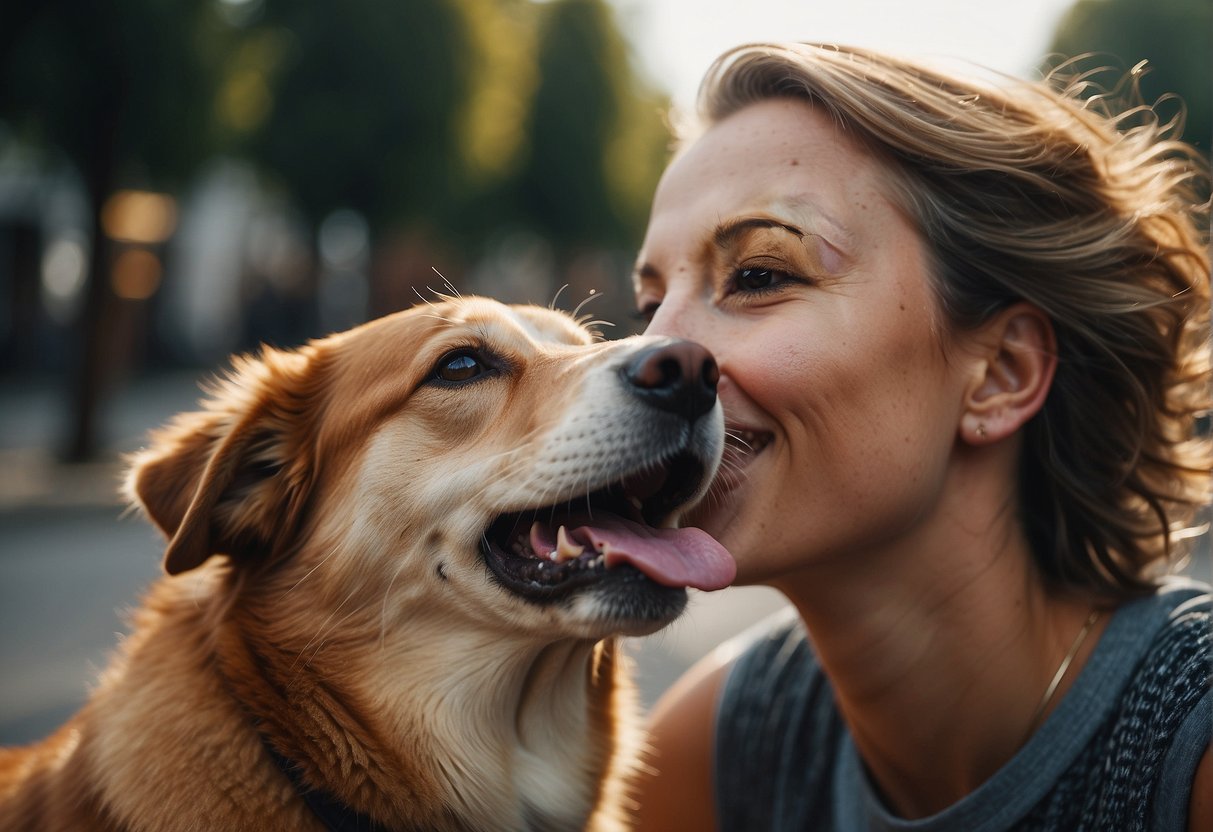 A dog licking its owner's face with a curious expression