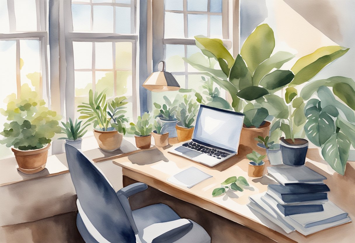 A serene office space with a laptop, potted plants, and natural light streaming in through a window, evoking a sense of balance and harmony