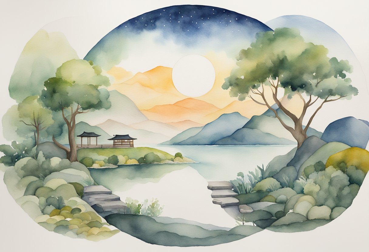 A serene landscape with a scale representing work and life, surrounded by elements symbolizing balance and harmony, such as yin-yang symbols, peaceful nature, and a calm, organized workspace