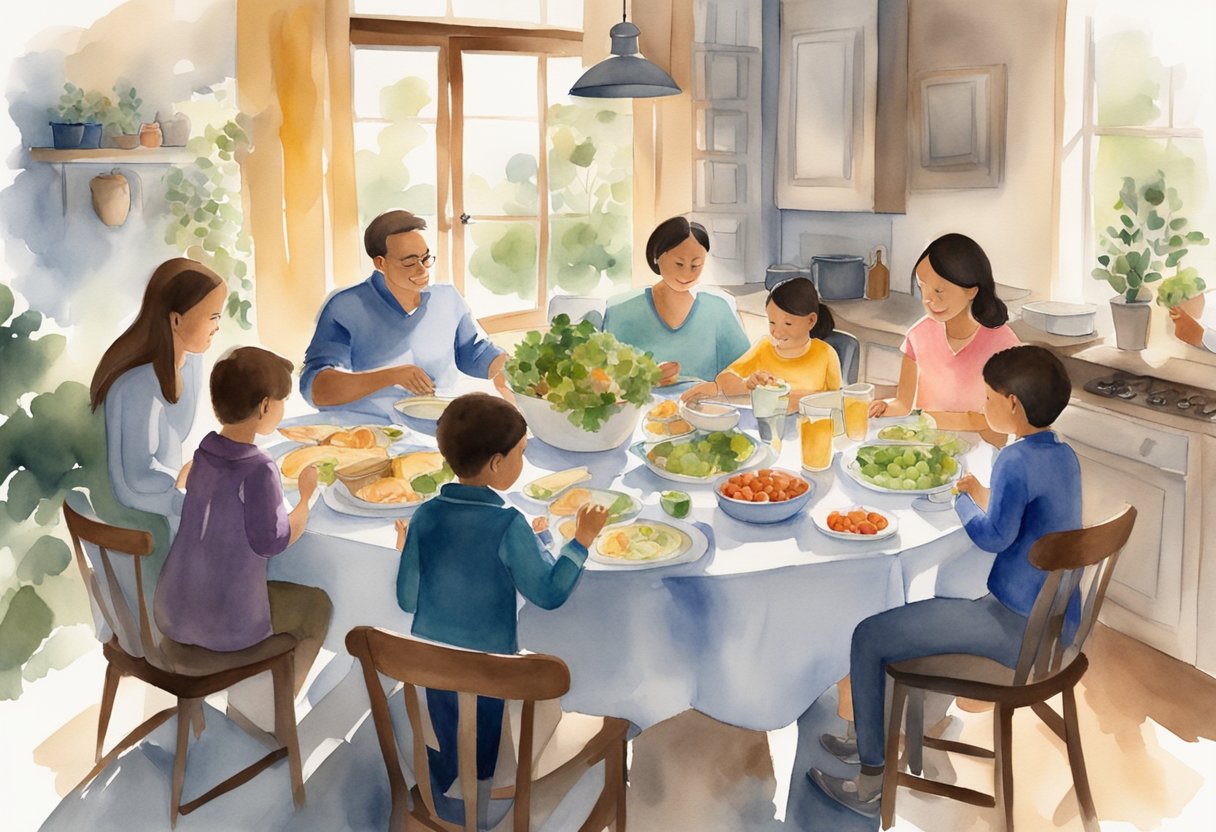 A family gathered around a dinner table, with parents engaging in work tasks while still being present for their children, creating a harmonious blend of work and family life