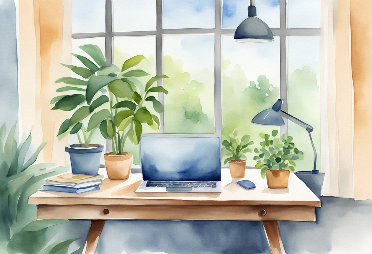 A serene office space with a laptop and a potted plant, surrounded by nature and natural light, symbolizing work-life harmony