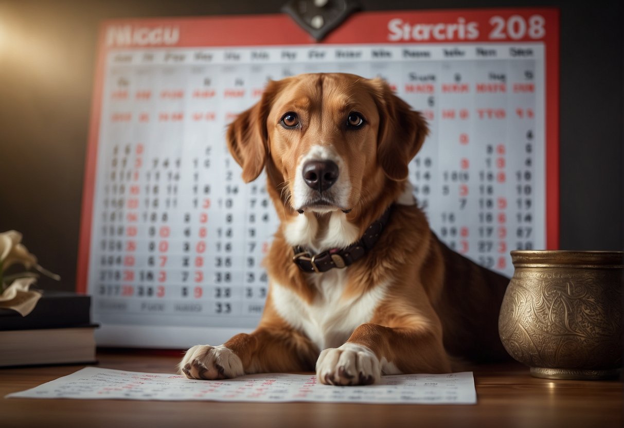A dog sitting next to a calendar with a paw marking the current date, while a person counts the years on their fingers