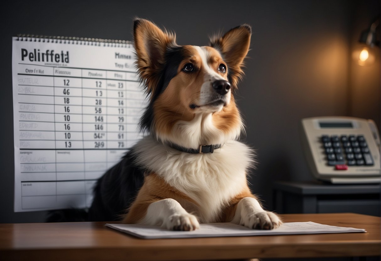 A dog standing next to a calendar, with a calculator and a thoughtful expression, as if trying to calculate its real age