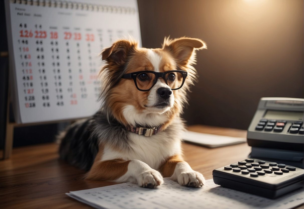 A dog sitting next to a calendar, with a calculator and a pencil, trying to calculate its age in dog years
