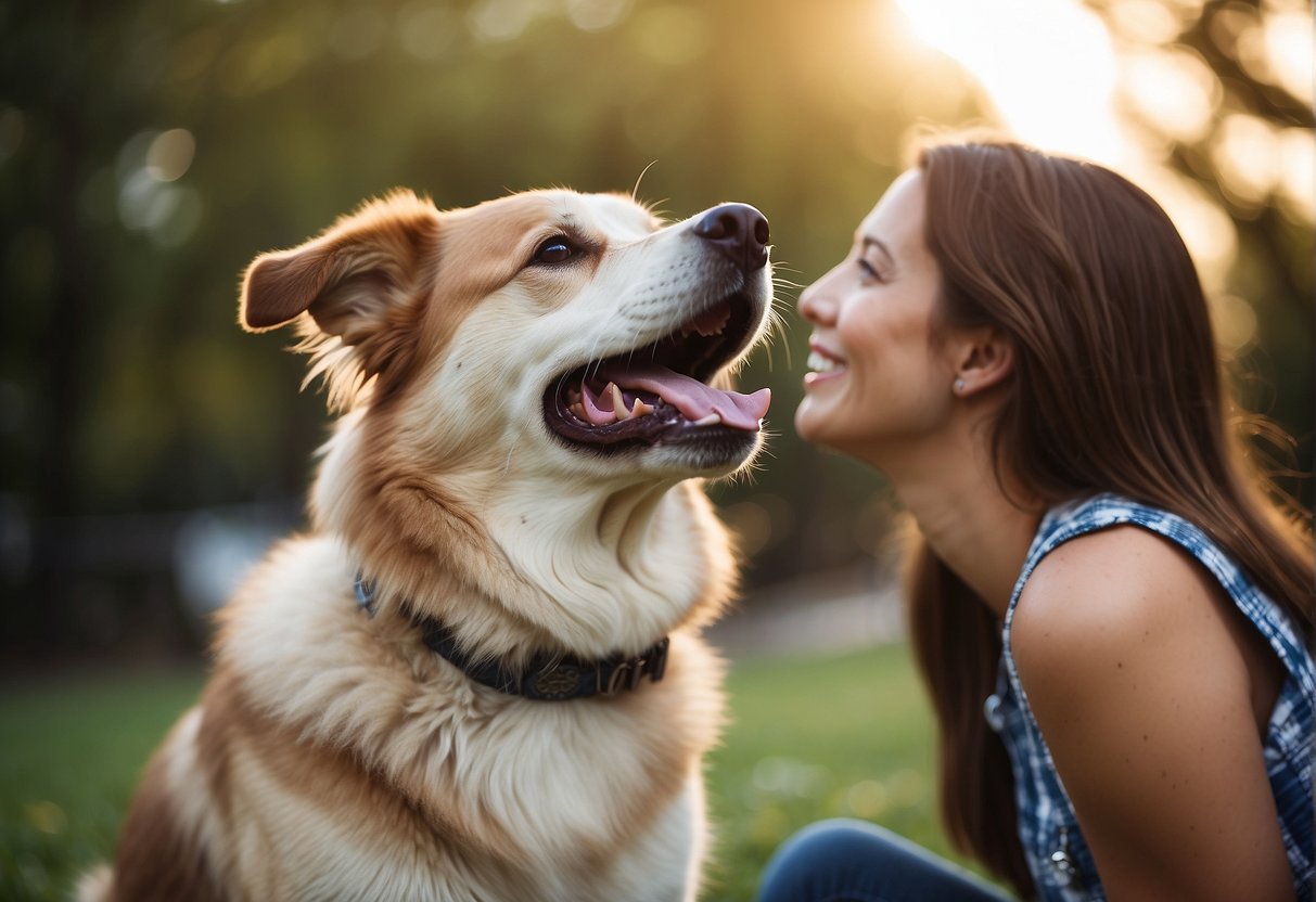 A happy dog sits next to a smiling owner, wagging its tail and looking up with adoration