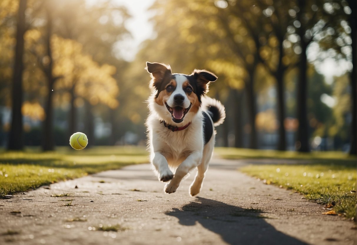 A happy dog running through a park, playing with a ball, and interacting with its owner