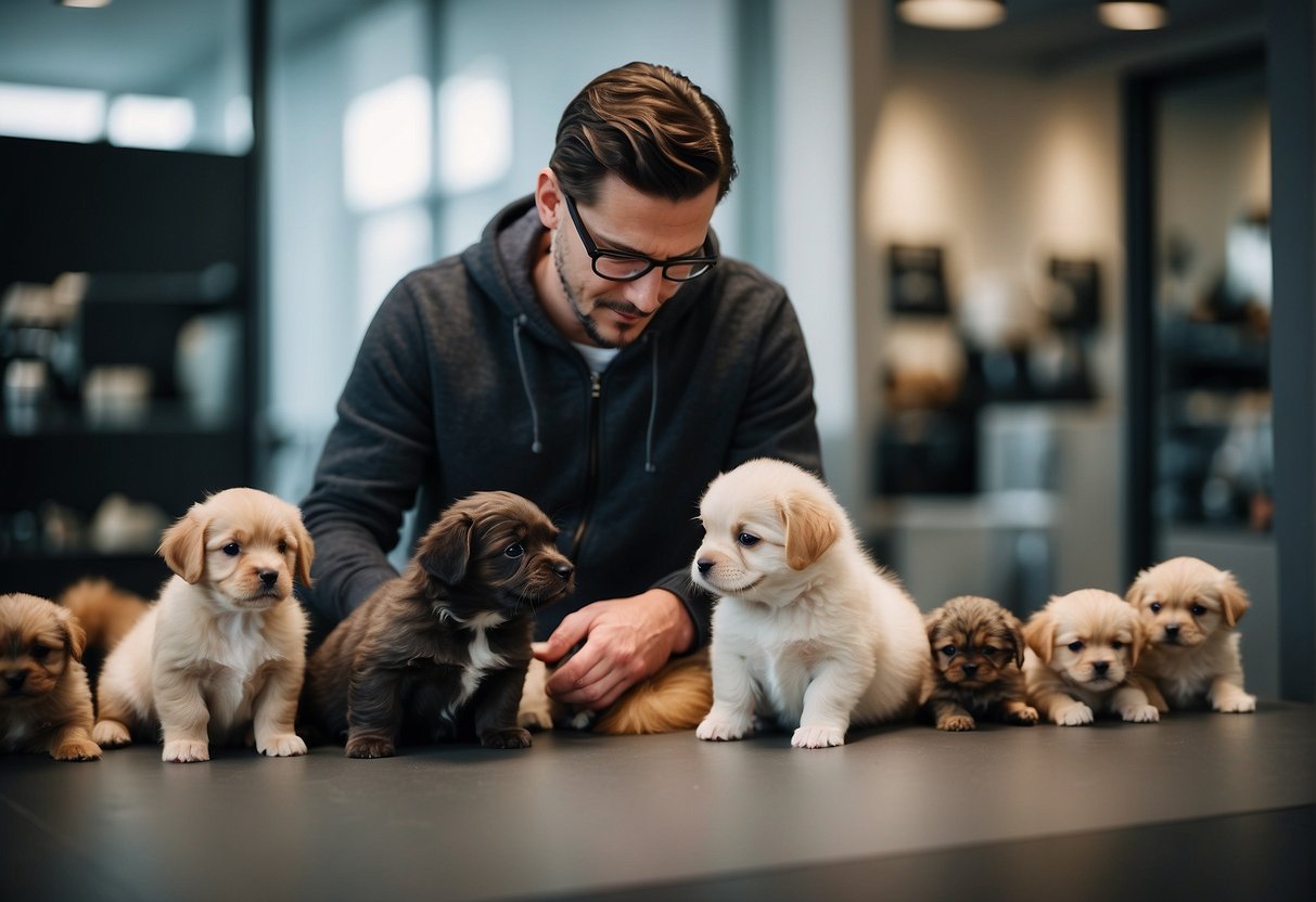 A person carefully selecting a dog breed from a variety of options, preparing for adoption