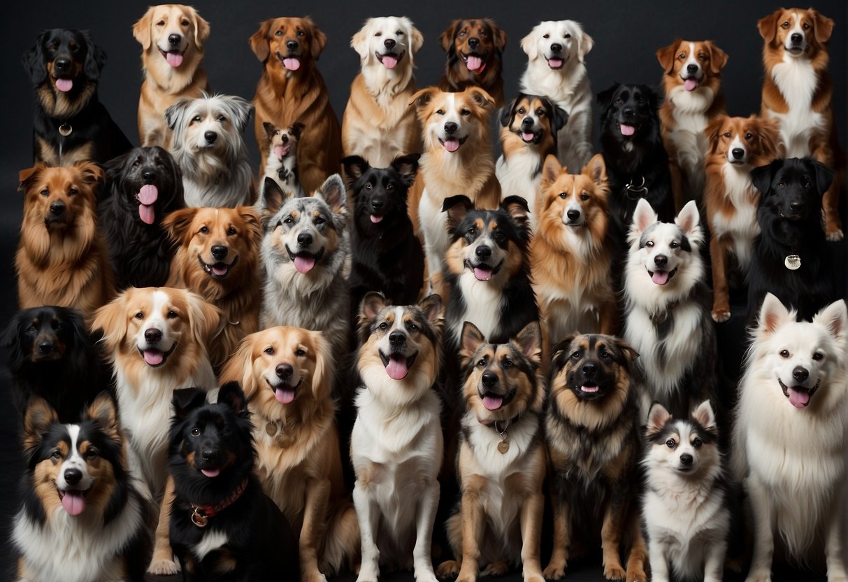 A variety of dog breeds with question marks above them, representing different options for potential owners