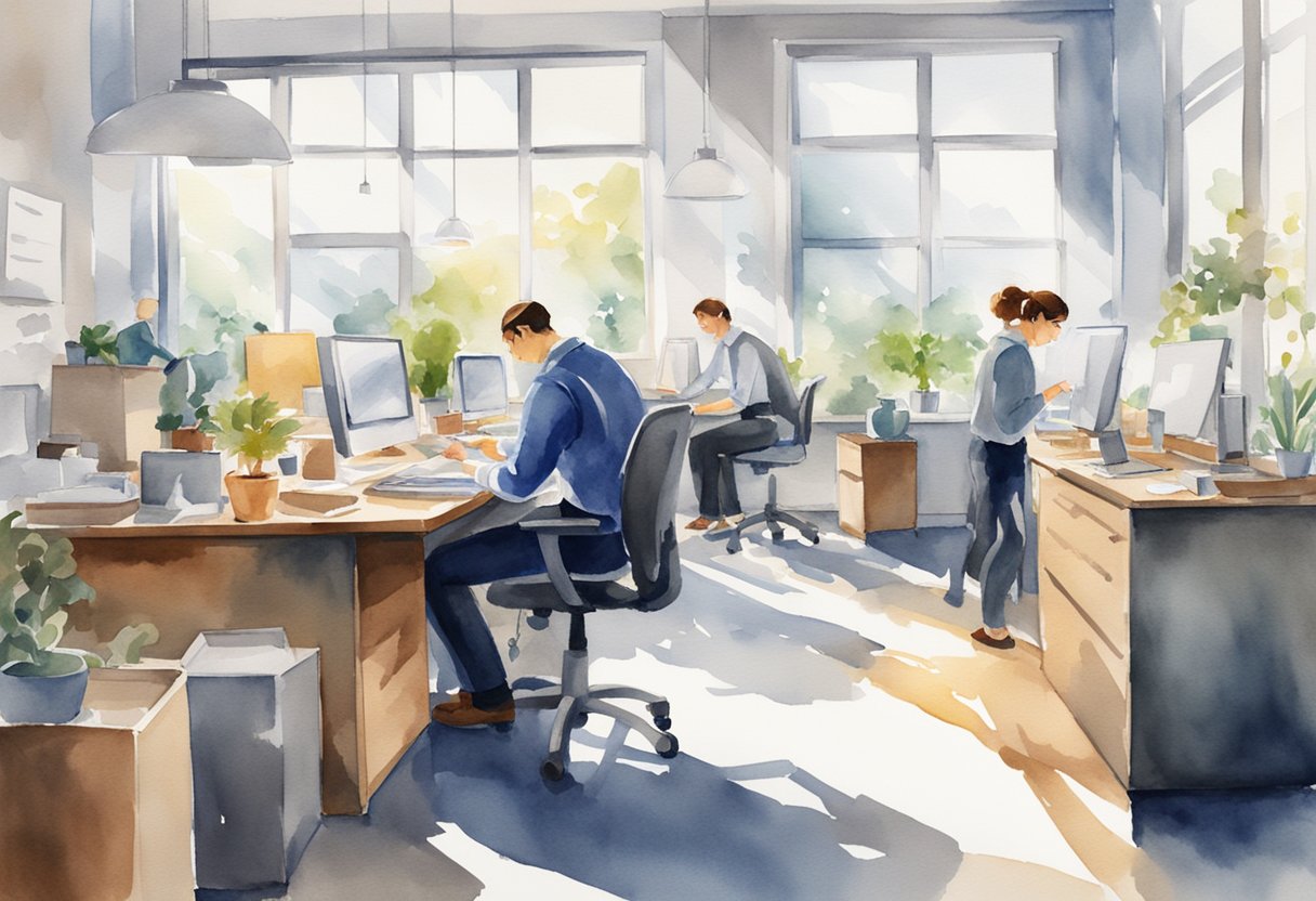 Employees engaged in tasks, focused and attentive. Office equipment and supplies neatly arranged. Bright, natural lighting illuminates the workspace