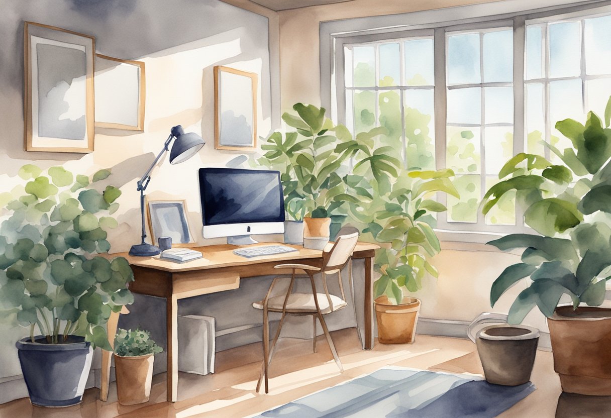 A serene office space with a clutter-free desk, a potted plant, and natural light streaming in through the window, creating a calm and focused atmosphere