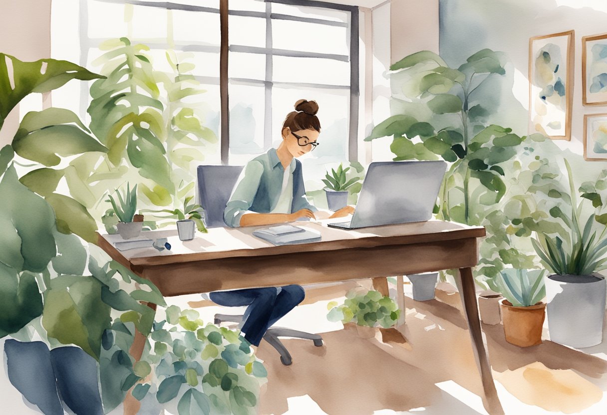 A serene office space with a focused individual at a clutter-free desk, surrounded by plants and natural light, engaging in mindful work practices