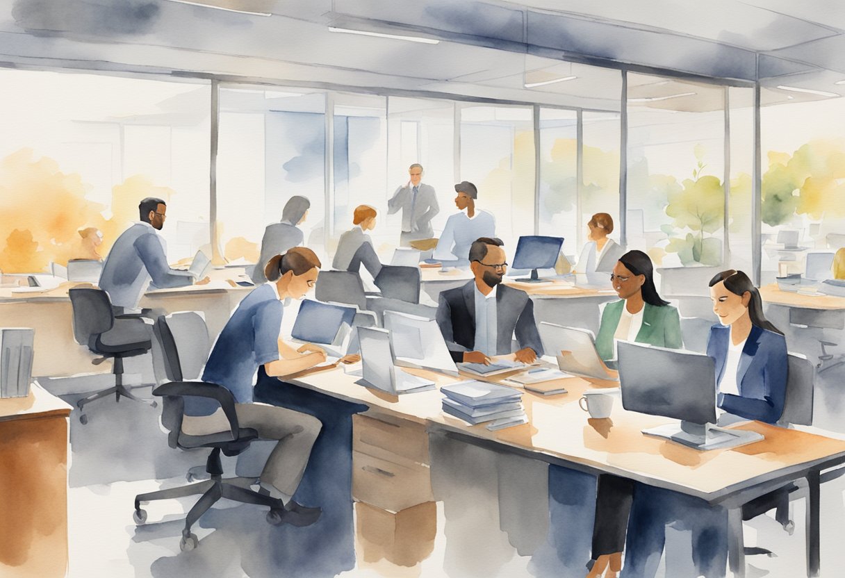 Employees working at desks, attending meetings, and interacting with colleagues in an office setting