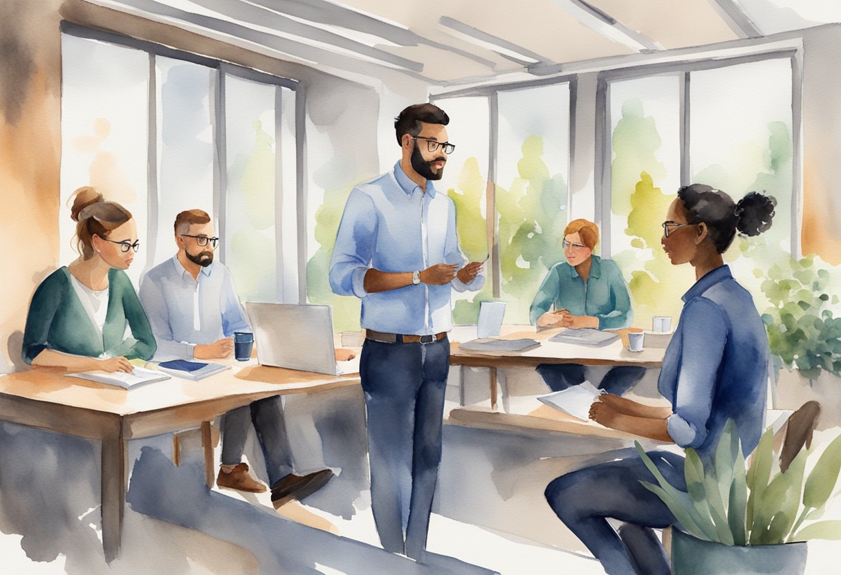 Colleagues engage in open dialogue, maintaining eye contact and attentive body language, fostering a supportive and connected work environment