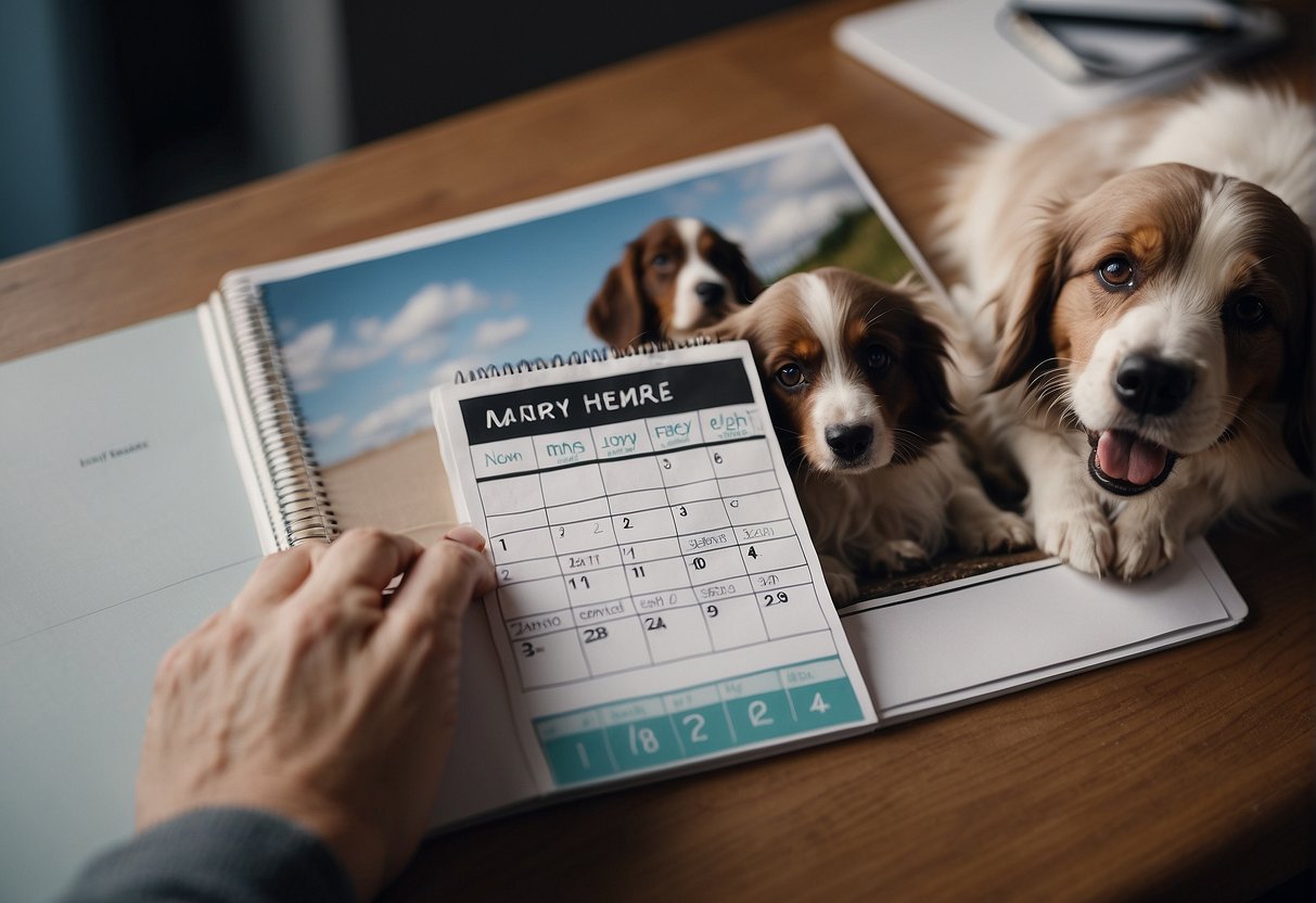 A dog owner using a calendar to count years since the dog's birth