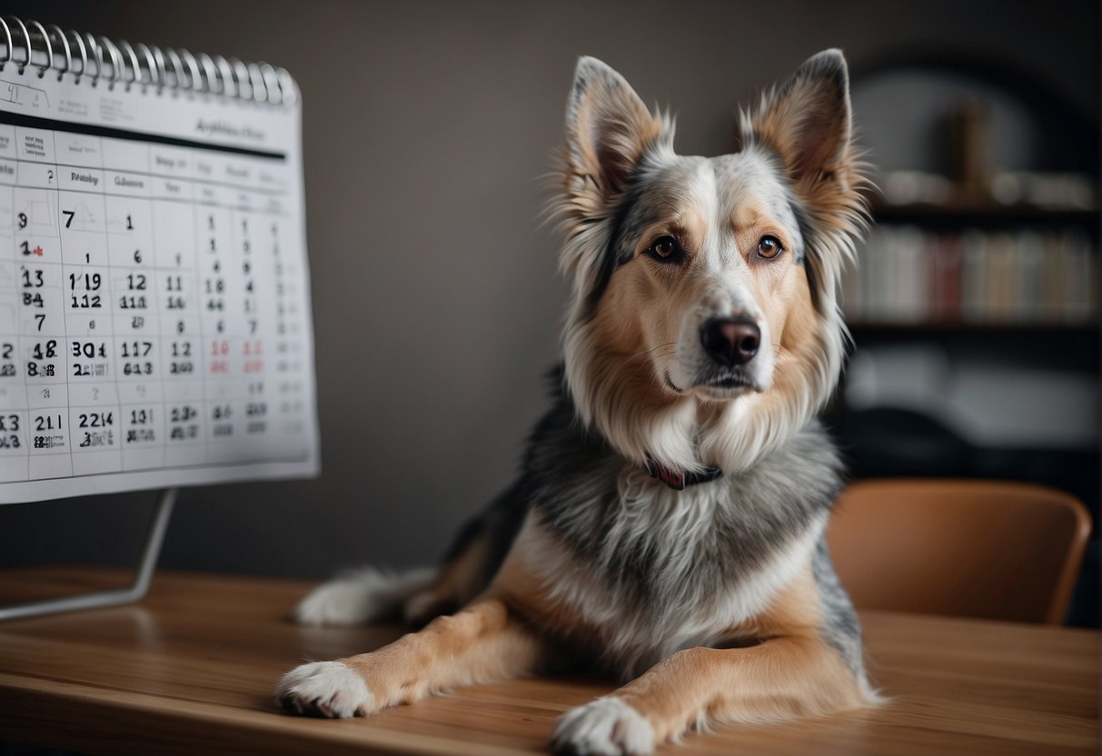 A dog with greying fur, a slight limp, and cloudy eyes, sits next to a calendar with dog years marked