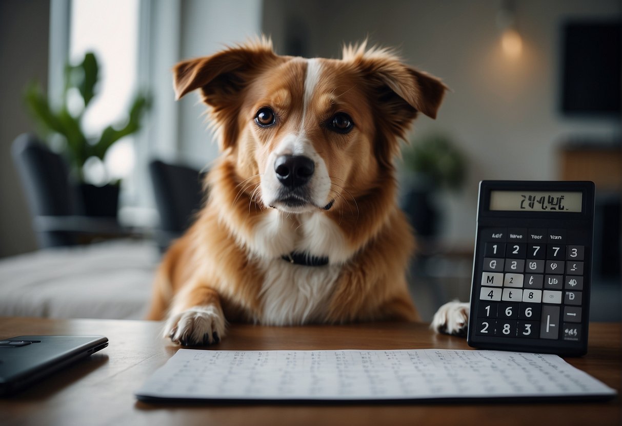 A dog's age is calculated using a formula. Show a dog with a calculator and a calendar, representing the process of determining a dog's age