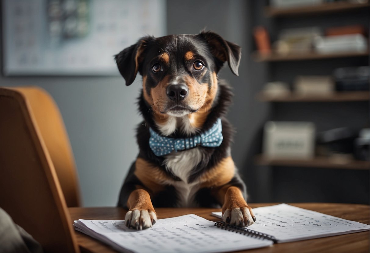 A dog sitting next to a calendar, with a thoughtful expression, while a person uses a calculator to determine the dog's age