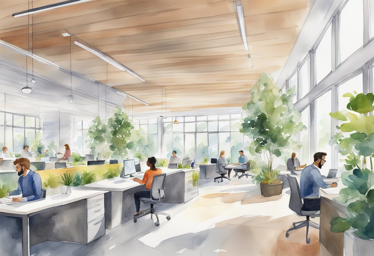 Employees engage in meetings, collaboration, and focused work in a modern, open-plan office space with natural light and greenery. The atmosphere is vibrant and dynamic, reflecting a culture of presence and mindfulness