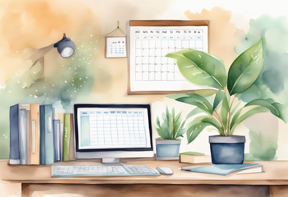 A desk with a potted plant, a stack of books, and a computer. A calendar on the wall with marked deadlines. A growth chart on the desk