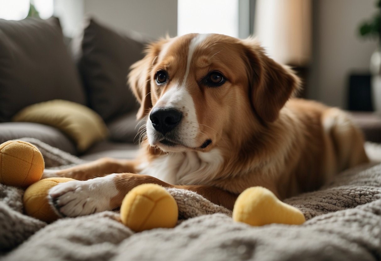 A dog lying peacefully on a soft blanket, surrounded by comforting objects like toys and treats. The room is filled with warm, natural light, creating a serene and gentle atmosphere