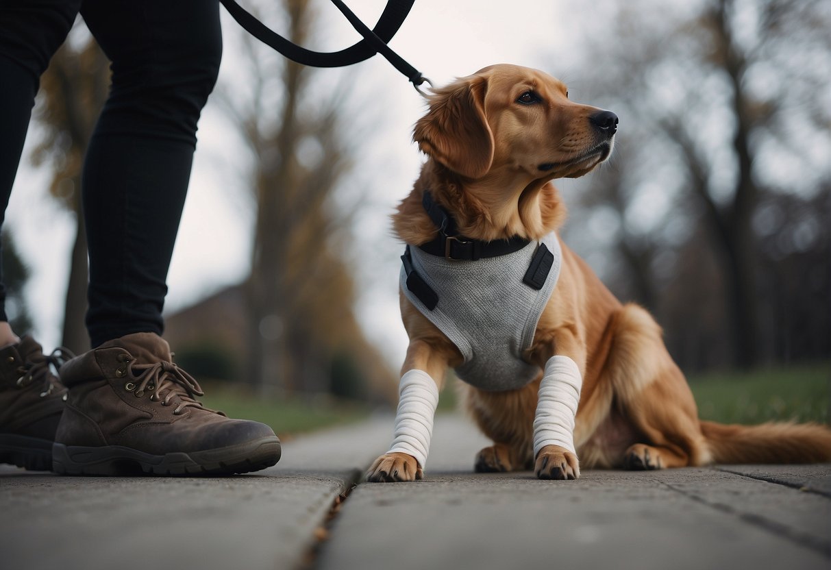 A dog with a bandaged leg looks up sadly, while a person holds a leash and looks conflicted