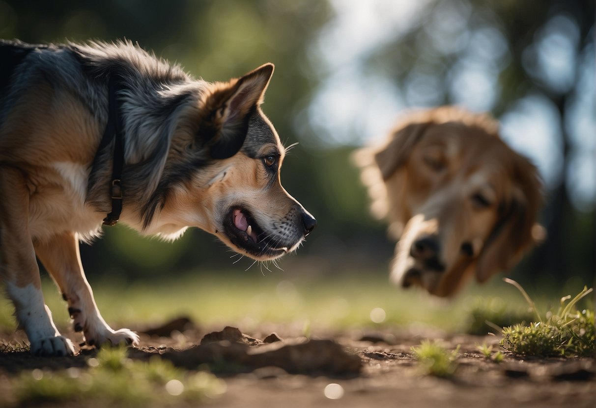 A snarling dog stands over a bitten object, with a tense person in the background, contemplating the fate of the aggressive animal